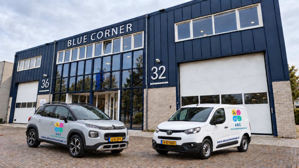 Bedrijfsauto's van ABC Schoonmaakbedrijf voor het kantoor aan De Nieuwe Vaart 32 in Bussum
